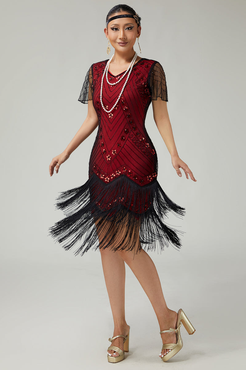 Load image into Gallery viewer, Sparkly Black Golden Bodycon Fringed 1920s Flapper Dress with Beading