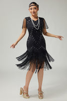 Load image into Gallery viewer, Sparkly Black Golden Bodycon Fringed 1920s Flapper Dress with Beading