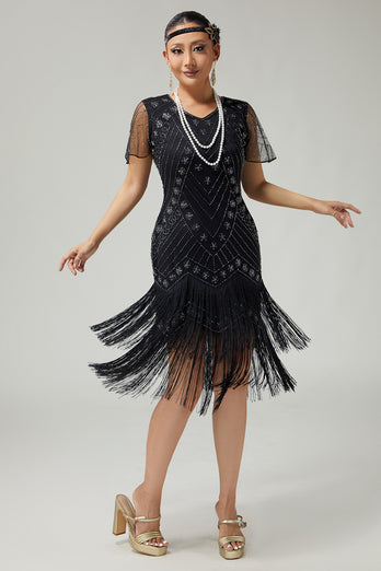 Sparkly Black Golden Bodycon Fringed 1920s Flapper Dress with Beading