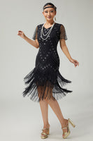 Load image into Gallery viewer, Sparkly Black Golden Bodycon Fringed 1920s Flapper Dress with Beading
