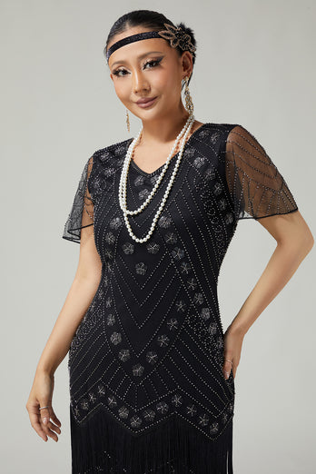 Sparkly Black Golden Bodycon Fringed 1920s Flapper Dress with Beading