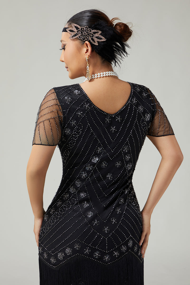 Load image into Gallery viewer, Sparkly Black Golden Bodycon Fringed 1920s Flapper Dress with Beading