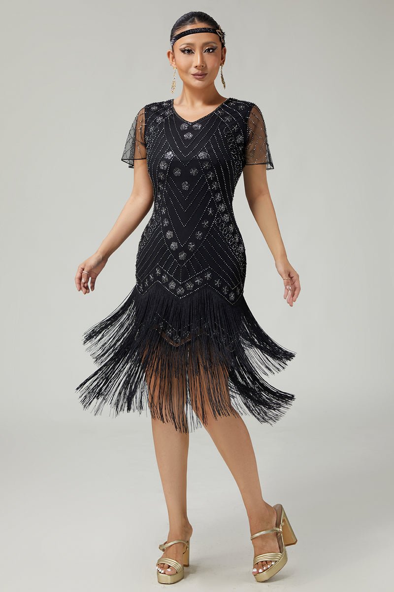 Load image into Gallery viewer, Sparkly Black Golden Bodycon Fringed 1920s Flapper Dress with Beading