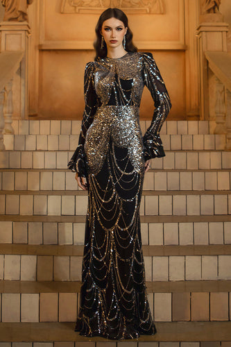 Sparkly Black Golden Mermaid Long Sleeves Sequins Mother of the Bride Dress