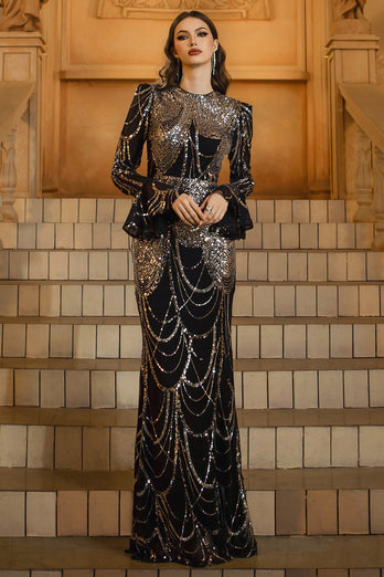 Sparkly Black Golden Mermaid Long Sleeves Sequins Mother of the Bride Dress