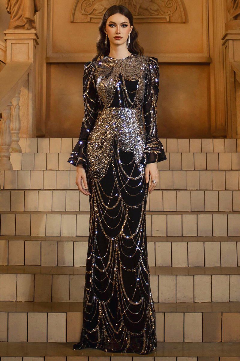 Load image into Gallery viewer, Sparkly Black Golden Mermaid Long Sleeves Sequins Mother of the Bride Dress