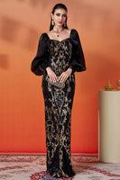 Load image into Gallery viewer, Sparkly Black Golden Puff Sleeves Sheath Long Mother of the Bride Dress with Sequins
