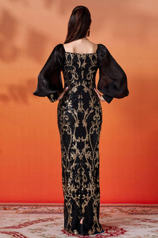 Sparkly Black Golden Puff Sleeves Sheath Long Mother of the Bride Dress with Sequins