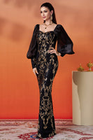 Load image into Gallery viewer, Sparkly Black Golden Puff Sleeves Sheath Long Mother of the Bride Dress with Sequins