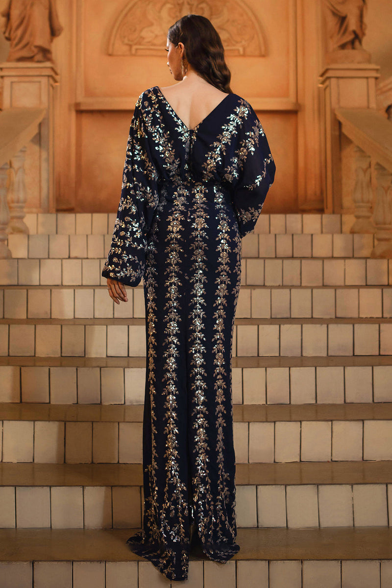 Load image into Gallery viewer, Sparkly Navy Sequins Sheath V-Neck Long Sleeves Mother of the Bride Dress