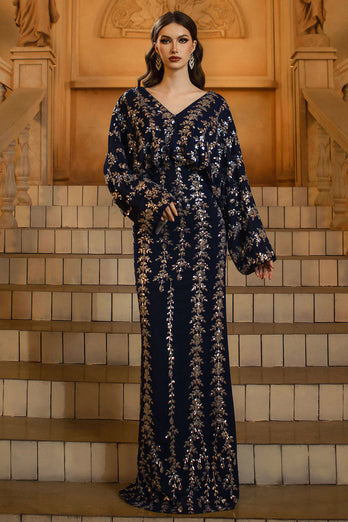 Sparkly Navy Sequins Sheath V-Neck Long Sleeves Mother of the Bride Dress