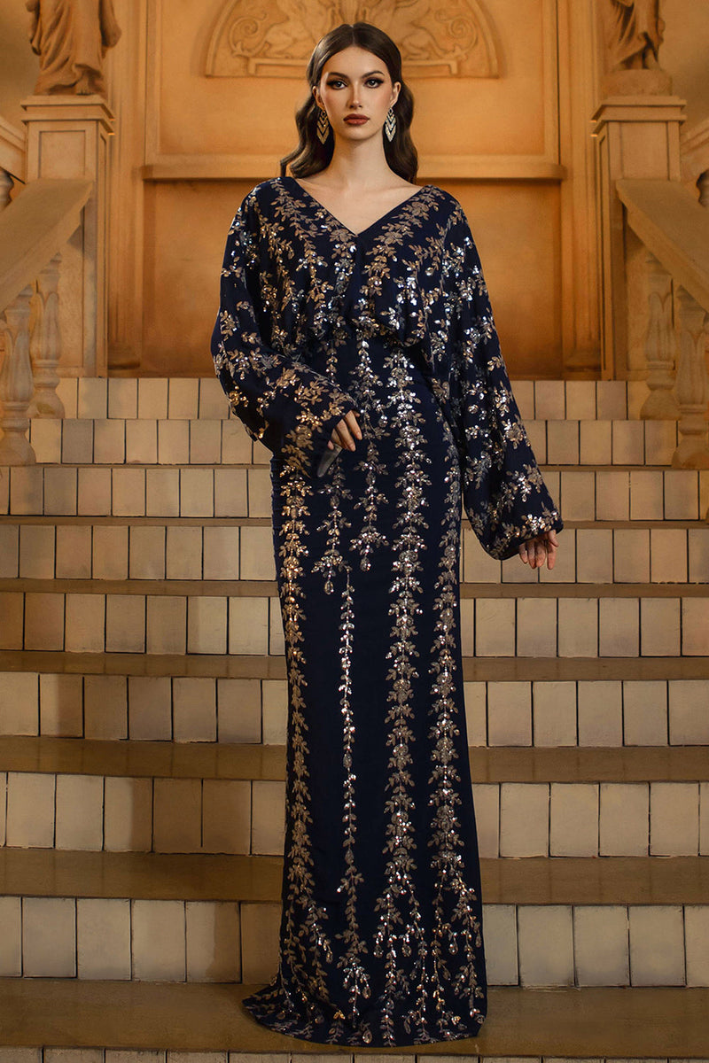 Load image into Gallery viewer, Sparkly Navy Sequins Sheath V-Neck Long Sleeves Mother of the Bride Dress