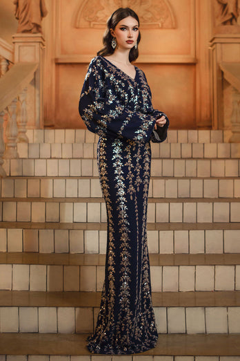 Sparkly Navy Sequins Sheath V-Neck Long Sleeves Mother of the Bride Dress