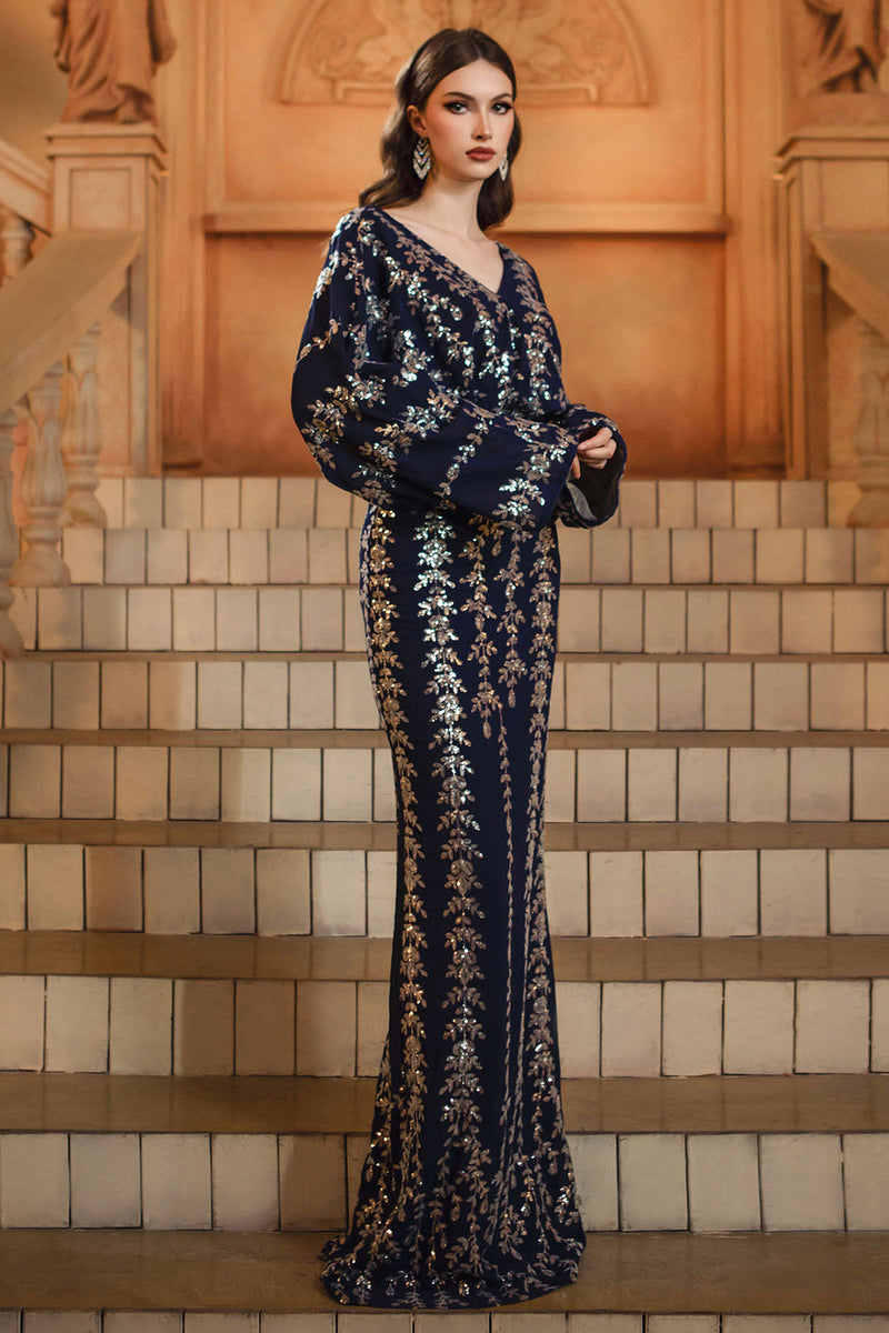 Load image into Gallery viewer, Sparkly Navy Sequins Sheath V-Neck Long Sleeves Mother of the Bride Dress