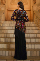 Load image into Gallery viewer, Sparkly Black Floral V-Neck Long Sleeves Sheath Mother of the Bride Dress with Fringes