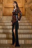 Load image into Gallery viewer, Sparkly Black Floral V-Neck Long Sleeves Sheath Mother of the Bride Dress with Fringes