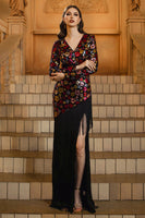 Load image into Gallery viewer, Sparkly Black Floral V-Neck Long Sleeves Sheath Mother of the Bride Dress with Fringes