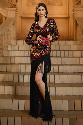 Sparkly Black Floral V-Neck Long Sleeves Sheath Mother of the Bride Dress with Fringes