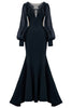 Load image into Gallery viewer, Black Illusion Boat Neck Mermaid Long Sleeves Mother of the Bride Dress with Appliques