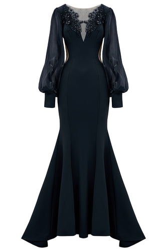 Black Illusion Boat Neck Mermaid Long Sleeves Mother of the Bride Dress with Appliques