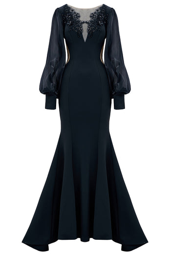 Black Illusion Boat Neck Mermaid Long Sleeves Mother of the Bride Dress with Appliques