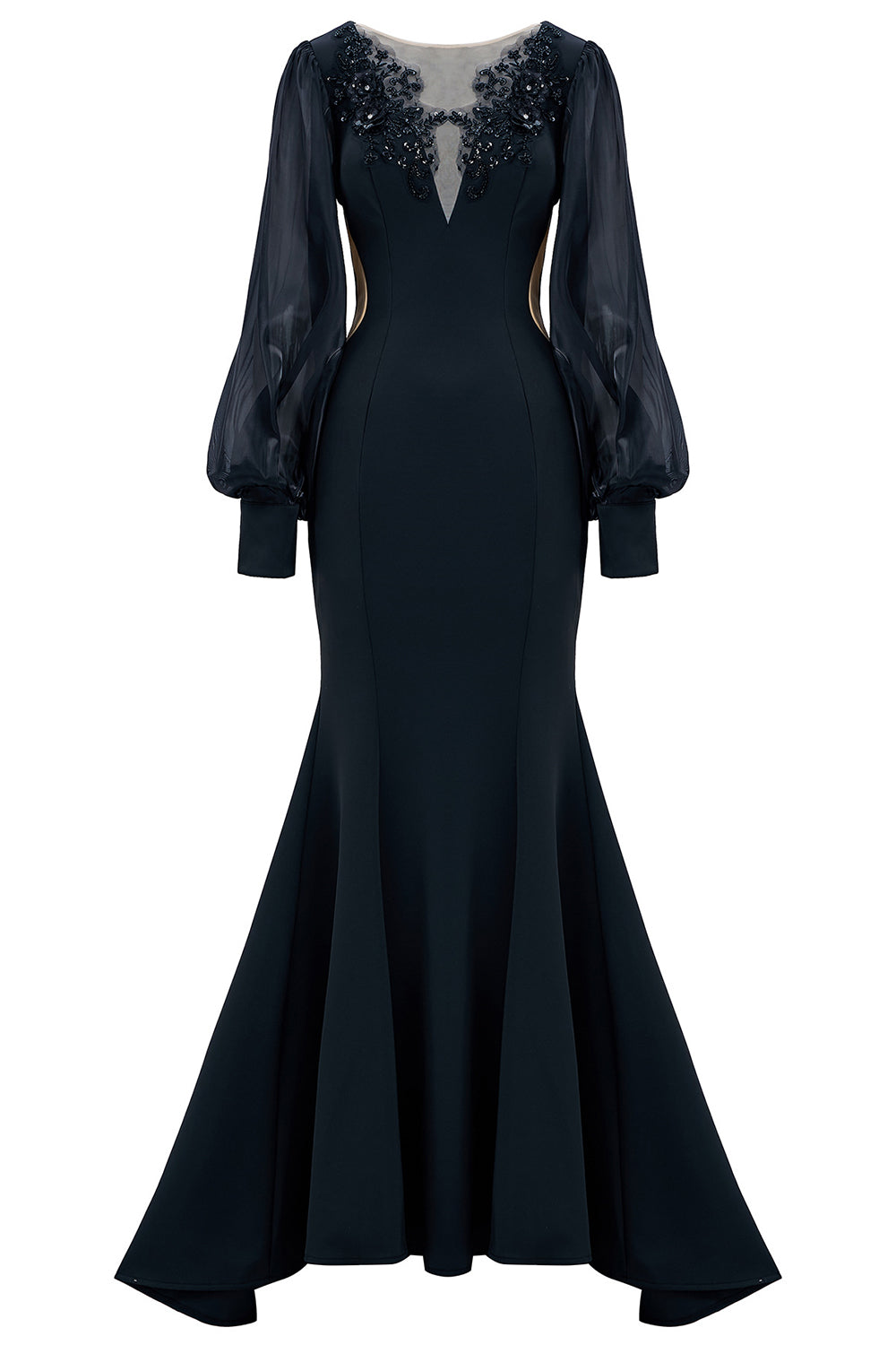 Black Illusion Boat Neck Mermaid Long Sleeves Mother of the Bride Dress with Appliques