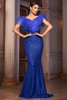 Load image into Gallery viewer, Sparkly Royal Blue Sequins V-Neck Mermaid Long Mother of the Bride Dress with Ruffles