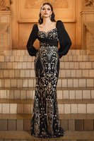 Load image into Gallery viewer, Sparkly Black Golden Mermaid Long Sleeves Sequins Mother of the Bride Dress with Beading