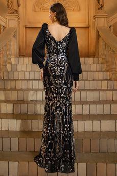 Sparkly Black Golden Mermaid Long Sleeves Sequins Mother of the Bride Dress with Beading