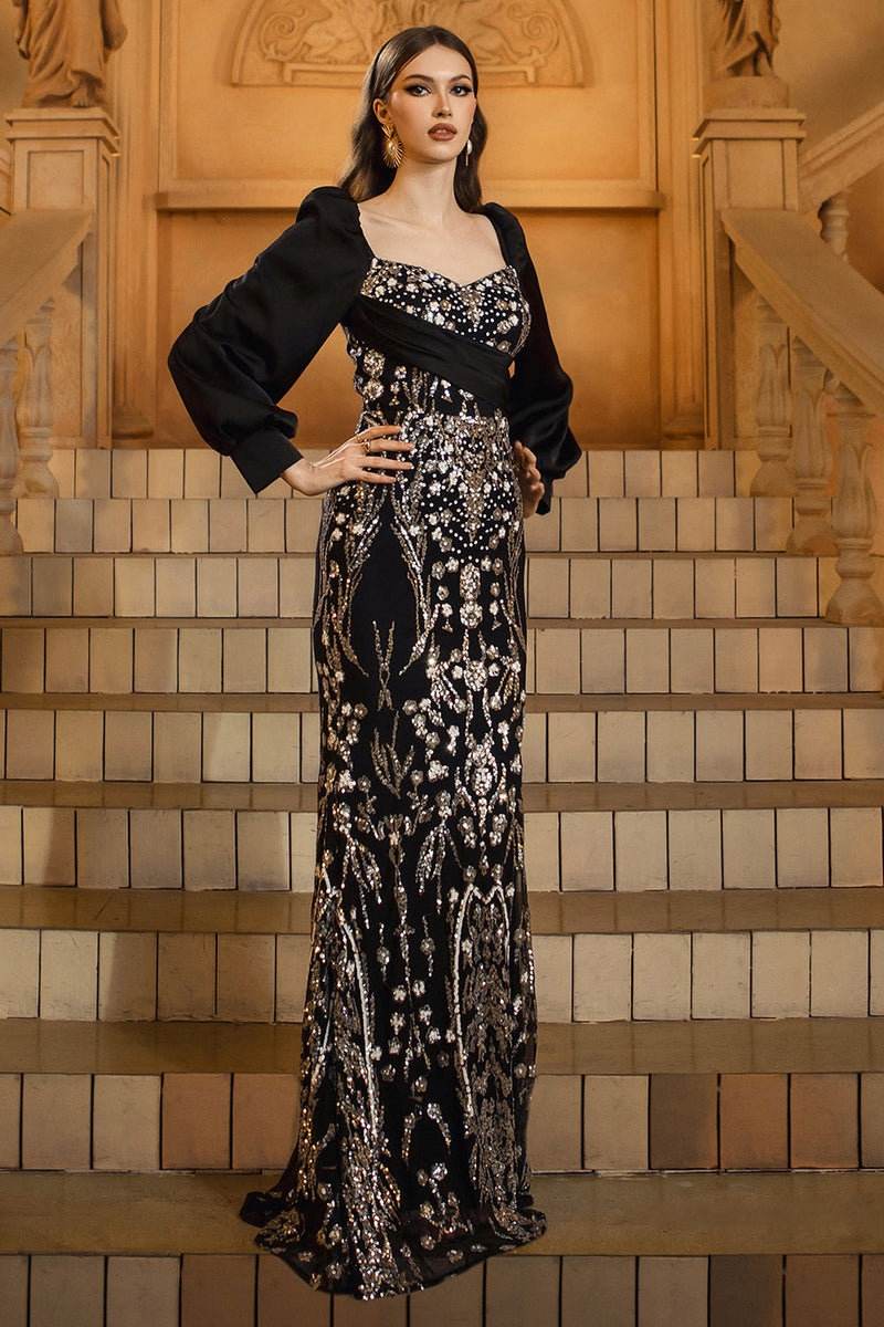 Load image into Gallery viewer, Sparkly Black Golden Mermaid Long Sleeves Sequins Mother of the Bride Dress with Beading