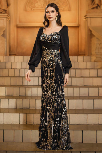 Sparkly Black Golden Mermaid Long Sleeves Sequins Mother of the Bride Dress with Beading