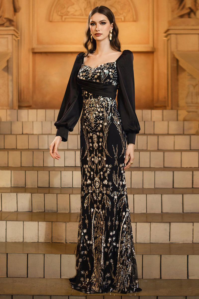 Load image into Gallery viewer, Sparkly Black Golden Mermaid Long Sleeves Sequins Mother of the Bride Dress with Beading
