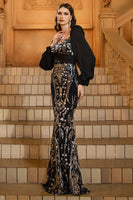 Load image into Gallery viewer, Sparkly Black Golden Mermaid Long Sleeves Sequins Mother of the Bride Dress with Beading