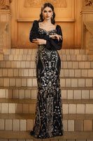 Load image into Gallery viewer, Sparkly Black Golden Mermaid Long Sleeves Sequins Mother of the Bride Dress with Beading