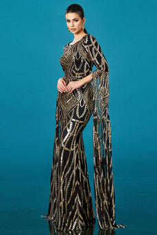 Sparkly Black Golden Boat Neck Mermaid Long Sleeves Mother of the Bride Dress with Cape