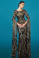 Load image into Gallery viewer, Sparkly Black Golden Boat Neck Mermaid Long Sleeves Mother of the Bride Dress with Cape