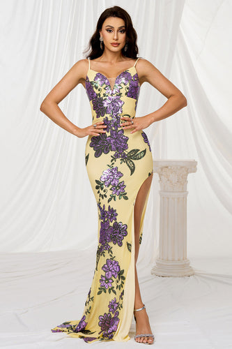 Sparkly Yellow Mermaid Floral Long Prom Dress with Slit