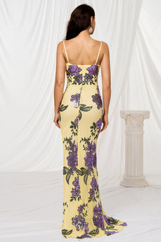 Sparkly Yellow Mermaid Floral Long Prom Dress with Slit