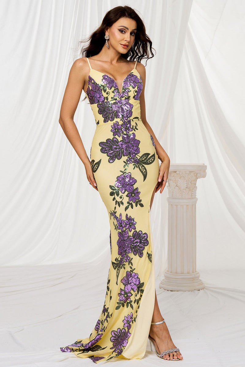 Load image into Gallery viewer, Sparkly Yellow Mermaid Floral Long Prom Dress with Slit