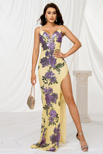 Sparkly Yellow Mermaid Floral Long Prom Dress with Slit