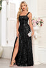 Load image into Gallery viewer, Sparkly Black A Line Long Sequin Prom Dress with Slit