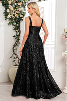 Load image into Gallery viewer, Sparkly Black A Line Long Sequin Prom Dress with Slit