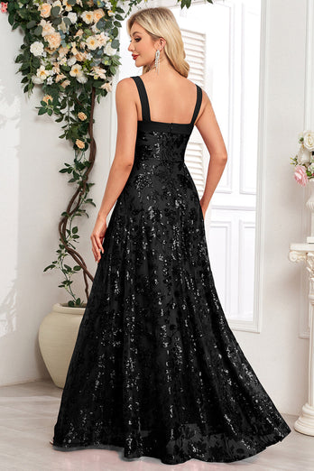Sparkly Black A Line Long Sequin Prom Dress with Slit