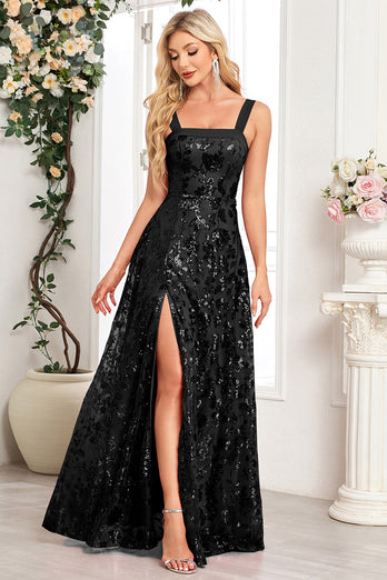 Sparkly Black A Line Long Sequin Prom Dress with Slit