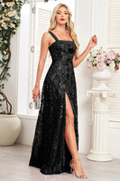 Load image into Gallery viewer, Sparkly Black A Line Long Sequin Prom Dress with Slit