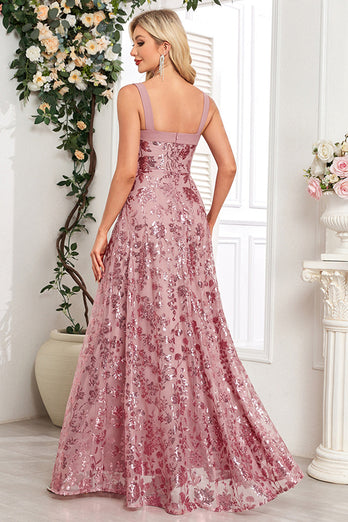 Sparkly Black A Line Long Sequin Prom Dress with Slit