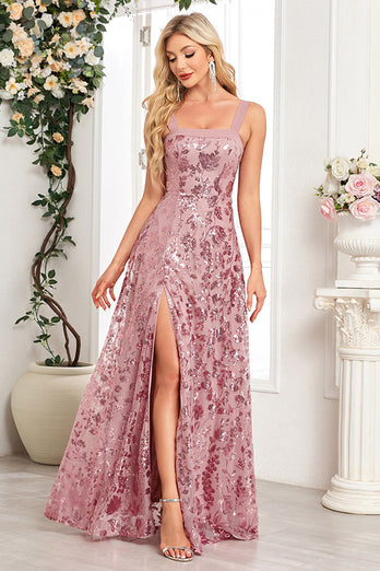 Sparkly Black A Line Long Sequin Prom Dress with Slit