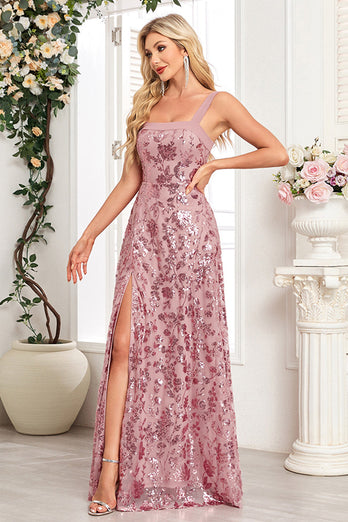 Sparkly Black A Line Long Sequin Prom Dress with Slit