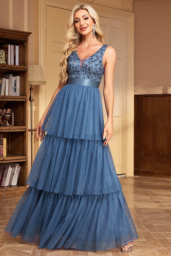 Grey Blue Tiered A Line V-Neck Long Prom Dress