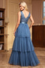 Load image into Gallery viewer, Grey Blue Tiered A Line V-Neck Long Prom Dress